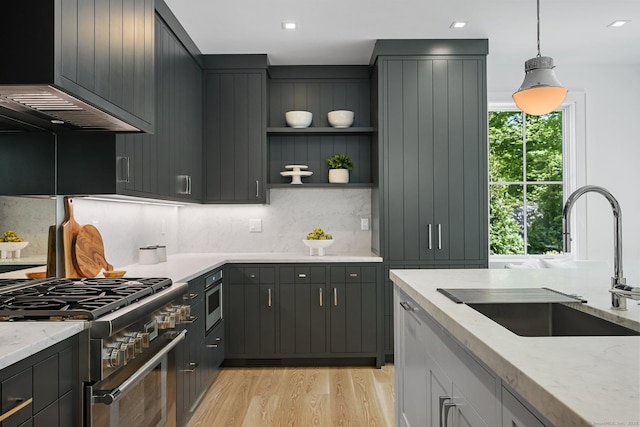 171 Compo Rd S, Westport, CT 06880 - kitchen featuring high end stainless steel range, a sink, backsplash, light wood-style floors, and open shelves