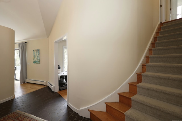 47 Old S Salem Road, Ridgefield, CT 06877 - stairs featuring baseboard heating, vaulted ceiling, brick patterned floors, and baseboards
