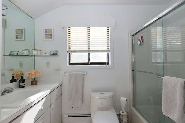 47 Old S Salem Road, Ridgefield, CT 06877 - full bath with vaulted ceiling, vanity, baseboard heating, and toilet