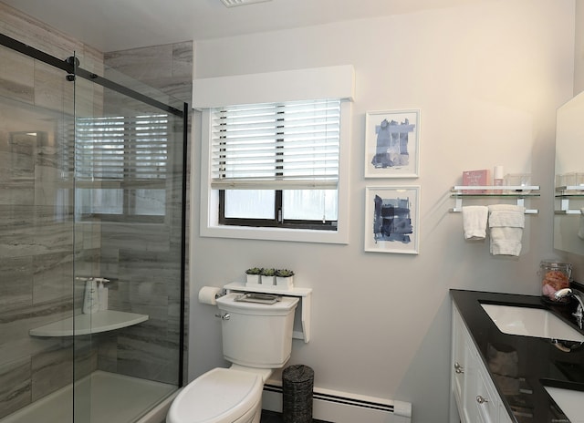 47 Old S Salem Road, Ridgefield, CT 06877 - bathroom featuring a stall shower, toilet, vanity, and baseboard heating