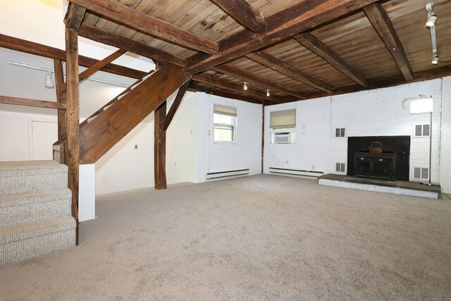47 Old S Salem Road, Ridgefield, CT 06877 - unfurnished living room featuring a baseboard radiator, wood ceiling, stairway, an AC wall unit, and carpet floors