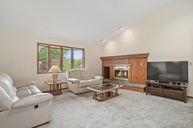 223 Sterling Rd, Trumbull, CT 06611 - living room with carpet, high vaulted ceiling, a glass covered fireplace, and baseboards