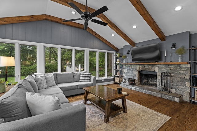 124 Killian Ave, Trumbull, CT 06611 - living room featuring wood finished floors, plenty of natural light, a stone fireplace, ceiling fan, and recessed lighting