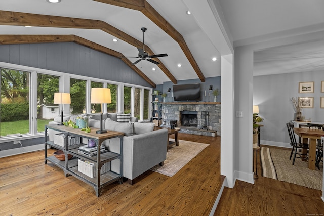 124 Killian Ave, Trumbull, CT 06611 - living area featuring a ceiling fan, healthy amount of natural light, wood-type flooring, a stone fireplace, and recessed lighting
