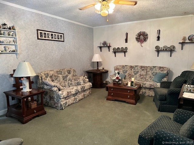 109 Central Ave, Wolcott, CT 06716 - carpeted living area featuring a textured ceiling, ceiling fan, and crown molding