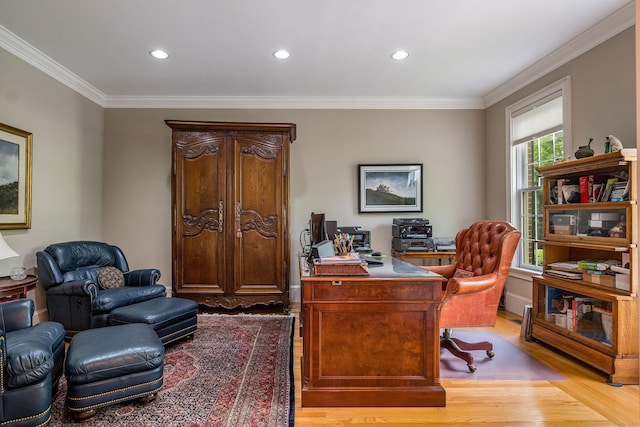 188 Bartlett Dr, Madison, CT 06443 - office area featuring light wood-style flooring, crown molding, and recessed lighting