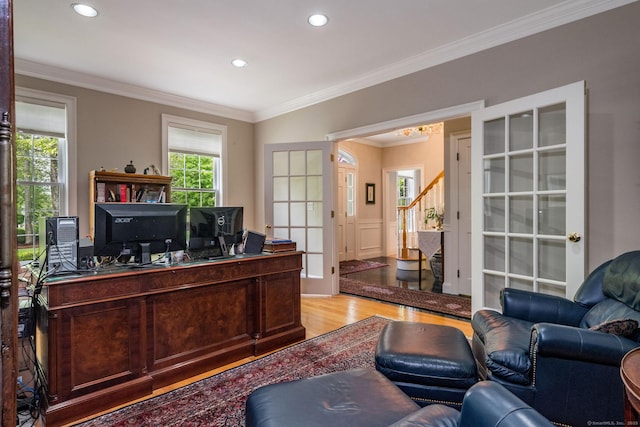 188 Bartlett Dr, Madison, CT 06443 - office featuring light wood-type flooring, ornamental molding, wainscoting, and recessed lighting