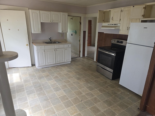42 Spring St, New London, CT 06320 - kitchen featuring stainless steel electric range, freestanding refrigerator, under cabinet range hood, a sink, and light countertops