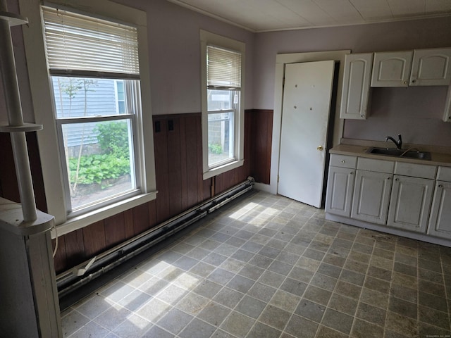 42 Spring St, New London, CT 06320 - unfurnished dining area with a sink, wainscoting, plenty of natural light, wood walls, and ornamental molding
