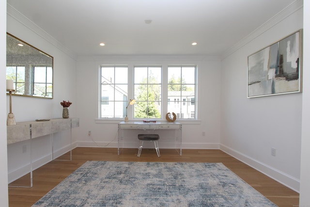 22 Apple Tree Trl, Westport, CT 06880 - home office featuring crown molding, wood finished floors, baseboards, and recessed lighting