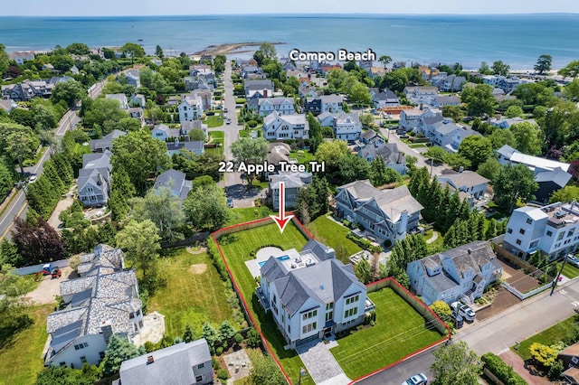 22 Apple Tree Trl, Westport, CT 06880 - aerial perspective of suburban area with property parcel outlined and a large body of water