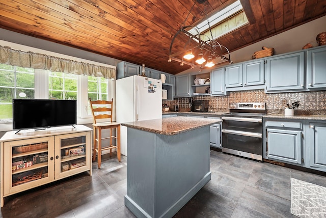 40 Fountainhead Rd, Plymouth, CT 06786 - kitchen featuring double oven range, open shelves, wood ceiling, decorative backsplash, and a center island