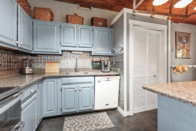 40 Fountainhead Rd, Plymouth, CT 06786 - kitchen featuring white dishwasher, a sink, decorative backsplash, wood ceiling, and light stone countertops
