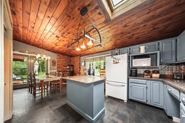40 Fountainhead Rd, Plymouth, CT 06786 - kitchen with a chandelier, white appliances, wooden ceiling, tasteful backsplash, and pendant lighting