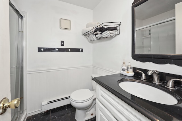 40 Fountainhead Rd, Plymouth, CT 06786 - full bathroom featuring a baseboard radiator, a wainscoted wall, a shower stall, toilet, and vanity
