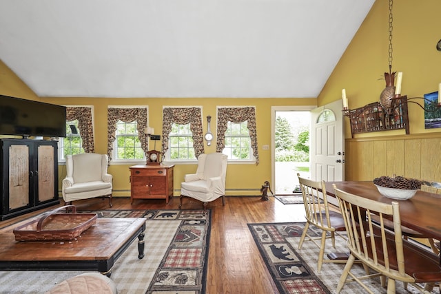 40 Fountainhead Rd, Plymouth, CT 06786 - living room featuring vaulted ceiling, wood-type flooring, and a baseboard radiator