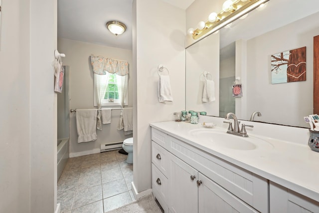 40 Fountainhead Rd, Plymouth, CT 06786 - full bathroom with baseboard heating, toilet, vanity, tile patterned floors, and a tub