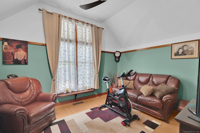 41 Farm Dr Unit 41, Farmington, CT 06032 - living room with vaulted ceiling, ceiling fan, wood finished floors, and plenty of natural light