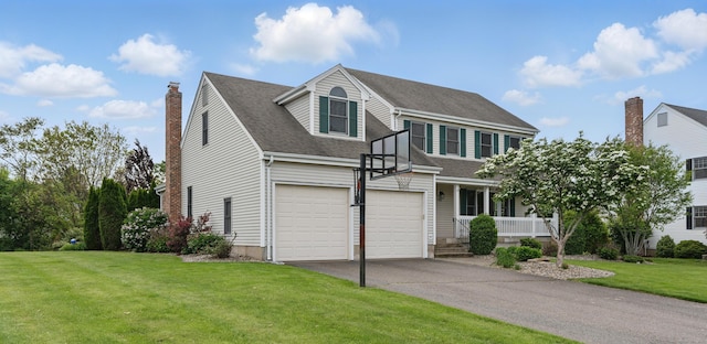 136 Windmill Hl, Wethersfield, CT 06109 - view of front of home with driveway, a front lawn, a chimney, roof with shingles, and an attached garage