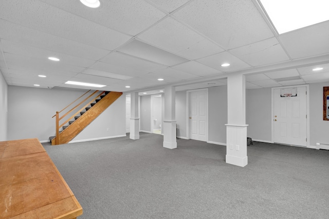 136 Windmill Hl, Wethersfield, CT 06109 - finished basement with carpet flooring, stairway, recessed lighting, baseboards, and a paneled ceiling