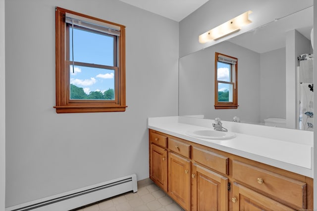 136 Windmill Hl, Wethersfield, CT 06109 - full bath with a baseboard heating unit, vanity, tile patterned floors, toilet, and a shower with curtain