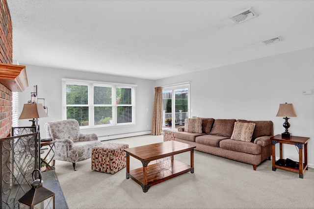 136 Windmill Hl, Wethersfield, CT 06109 - living area with a baseboard heating unit, carpet floors, and a fireplace