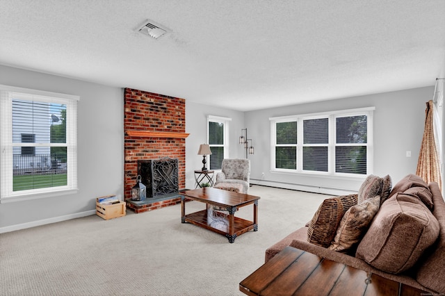 136 Windmill Hl, Wethersfield, CT 06109 - carpeted living room with a textured ceiling, a brick fireplace, baseboards, and a baseboard heating unit