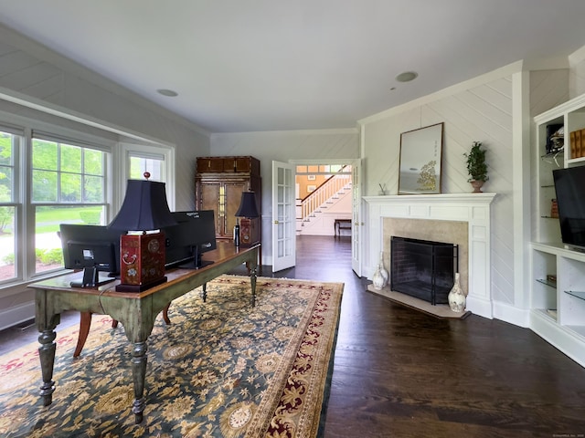 67 Peaceable St, Ridgefield, CT 06877 - home office with wood finished floors, a high end fireplace, and ornamental molding