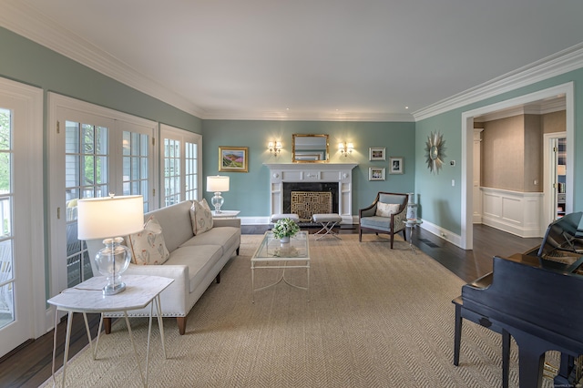 67 Peaceable St, Ridgefield, CT 06877 - living area with dark wood-type flooring, a fireplace, and crown molding