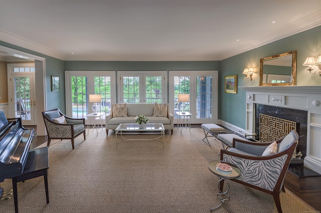 67 Peaceable St, Ridgefield, CT 06877 - living room featuring a high end fireplace, ornamental molding, and recessed lighting