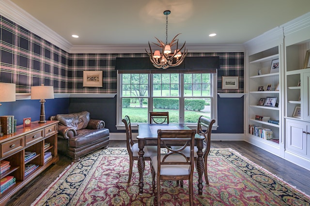 67 Peaceable St, Ridgefield, CT 06877 - dining area with ornamental molding, a chandelier, baseboards, wood finished floors, and wallpapered walls