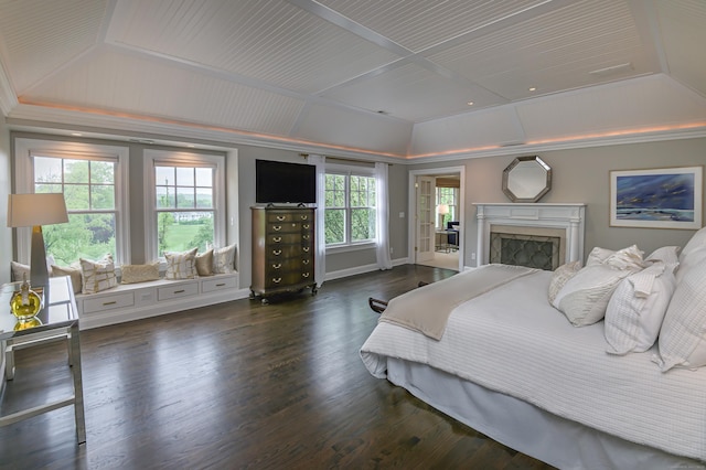 67 Peaceable St, Ridgefield, CT 06877 - bedroom featuring multiple windows, a high end fireplace, wood finished floors, vaulted ceiling, and access to outside