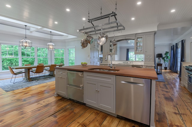 67 Peaceable St, Ridgefield, CT 06877 - kitchen featuring dishwasher, a sink, wooden counters, recessed lighting, and gray cabinetry