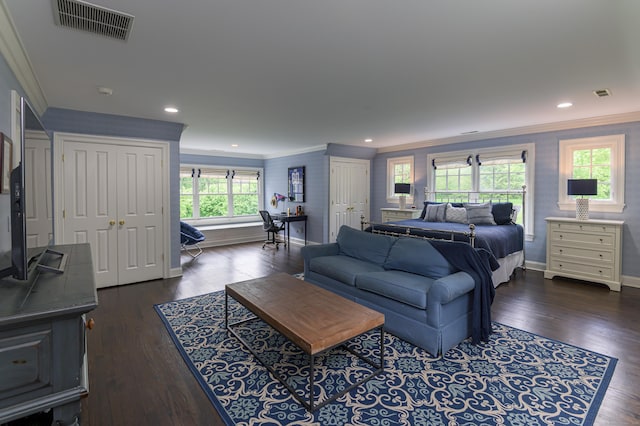 67 Peaceable St, Ridgefield, CT 06877 - living area featuring ornamental molding, baseboards, dark wood-style flooring, and recessed lighting