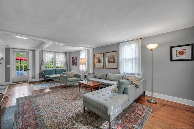 living area featuring baseboards and wood-type flooring