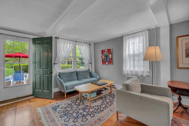 living room with wood-type flooring, baseboards, beam ceiling, and radiator