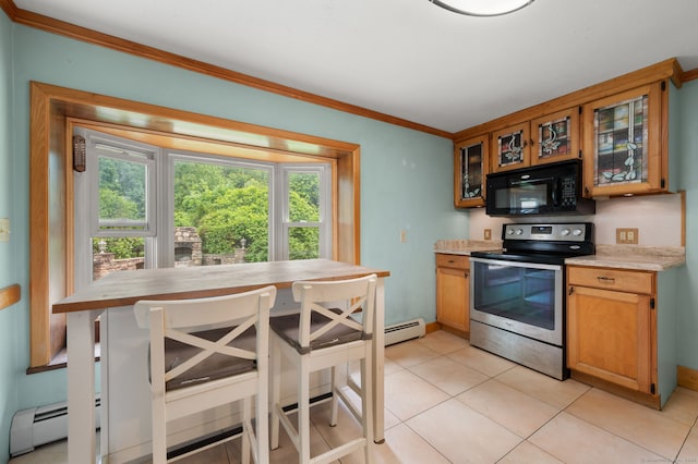 717 Center St, Manchester, CT 06040 - kitchen featuring black microwave, stainless steel range with electric cooktop, light countertops, ornamental molding, and glass insert cabinets