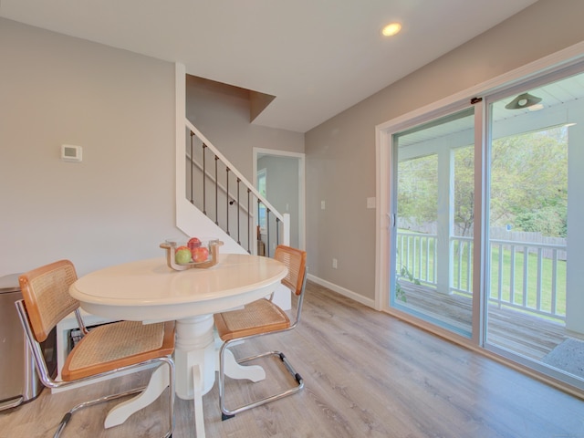 1026 Rte 171, Woodstock, CT 06281 - dining area with stairs, wood finished floors, baseboards, and recessed lighting