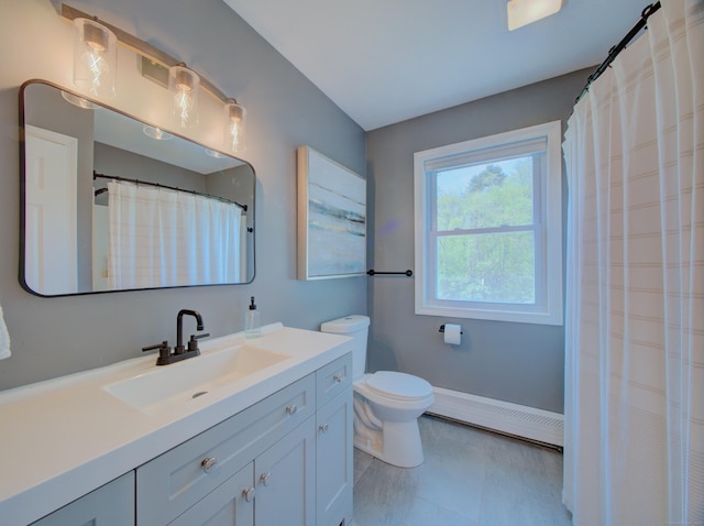1026 Rte 171, Woodstock, CT 06281 - full bath featuring a baseboard radiator, vanity, toilet, and a shower with shower curtain