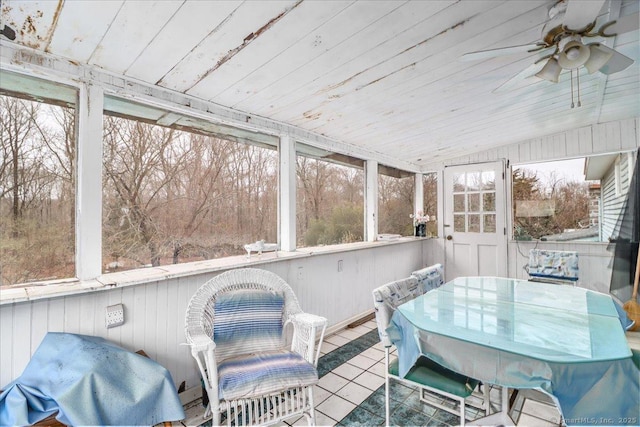 31 Branch Hill Rd, Preston, CT 06365 - sunroom / solarium with ceiling fan, tile patterned flooring, wooden ceiling, outdoor dining space, and vaulted ceiling