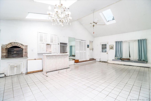 31 Branch Hill Rd, Preston, CT 06365 - unfurnished living room with a skylight, high vaulted ceiling, a ceiling fan, and a chandelier
