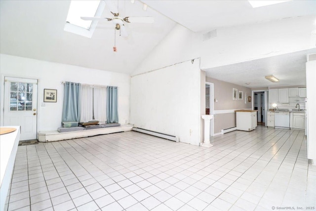31 Branch Hill Rd, Preston, CT 06365 - unfurnished living room featuring baseboard heating, a skylight, a sink, high vaulted ceiling, and light tile patterned floors