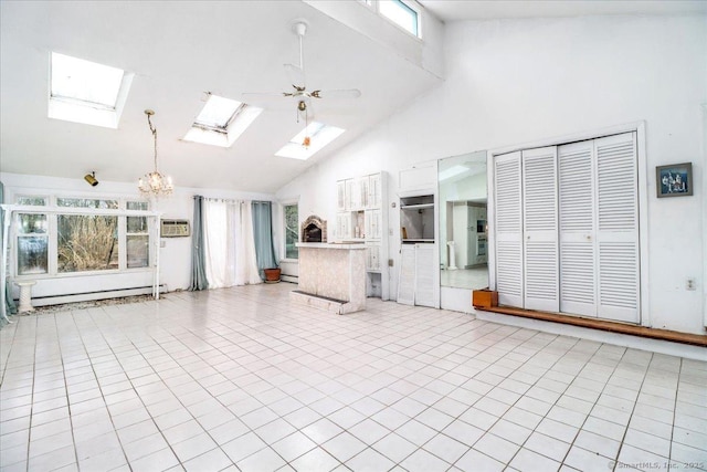31 Branch Hill Rd, Preston, CT 06365 - unfurnished living room featuring high vaulted ceiling, a skylight, a baseboard heating unit, a chandelier, and ceiling fan