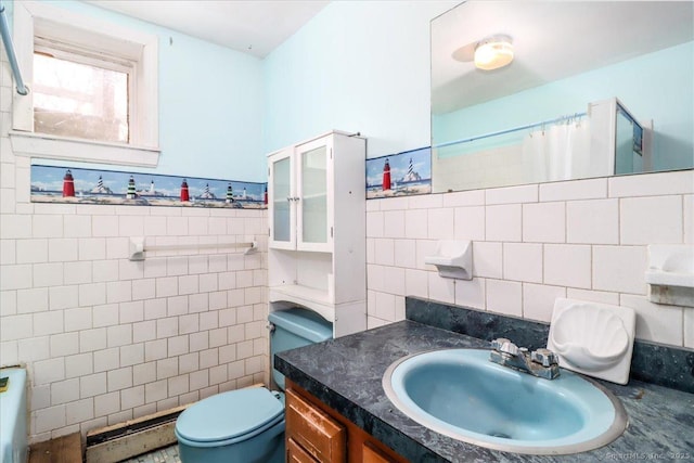31 Branch Hill Rd, Preston, CT 06365 - full bathroom featuring tile walls, a baseboard radiator, toilet, vanity, and a shower with shower curtain