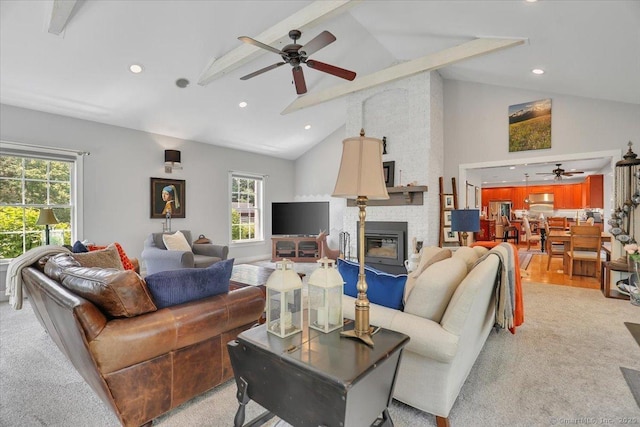 100 Round Hill Rd, Middletown, CT 06457 - living room with a ceiling fan, light carpet, a brick fireplace, high vaulted ceiling, and beam ceiling