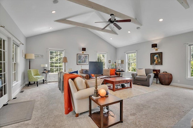100 Round Hill Rd, Middletown, CT 06457 - carpeted living area featuring beamed ceiling, recessed lighting, a ceiling fan, baseboards, and high vaulted ceiling
