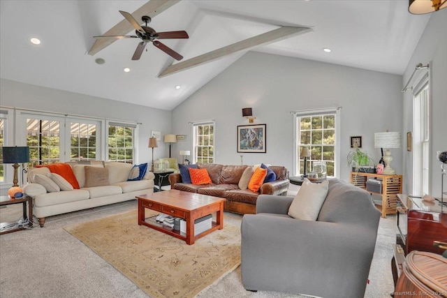 100 Round Hill Rd, Middletown, CT 06457 - living room featuring high vaulted ceiling, a ceiling fan, beam ceiling, recessed lighting, and carpet floors