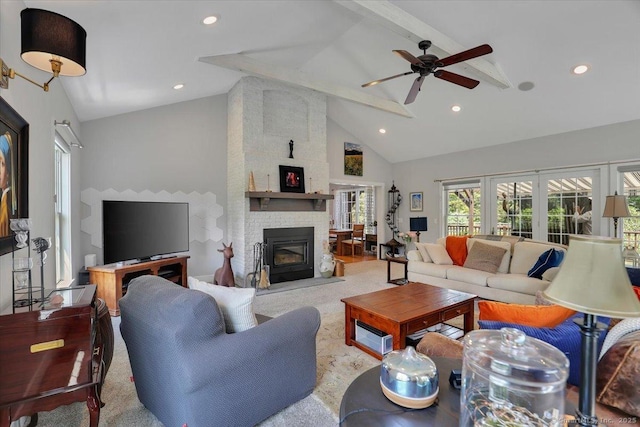 100 Round Hill Rd, Middletown, CT 06457 - living area featuring high vaulted ceiling, ceiling fan, a fireplace, beamed ceiling, and recessed lighting