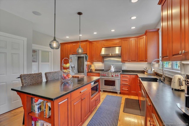 100 Round Hill Rd, Middletown, CT 06457 - kitchen with stainless steel appliances, ventilation hood, a sink, dark countertops, and light wood finished floors