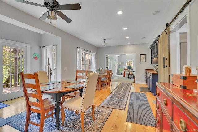 100 Round Hill Rd, Middletown, CT 06457 - dining area with recessed lighting, healthy amount of natural light, a barn door, light wood-style flooring, and ceiling fan